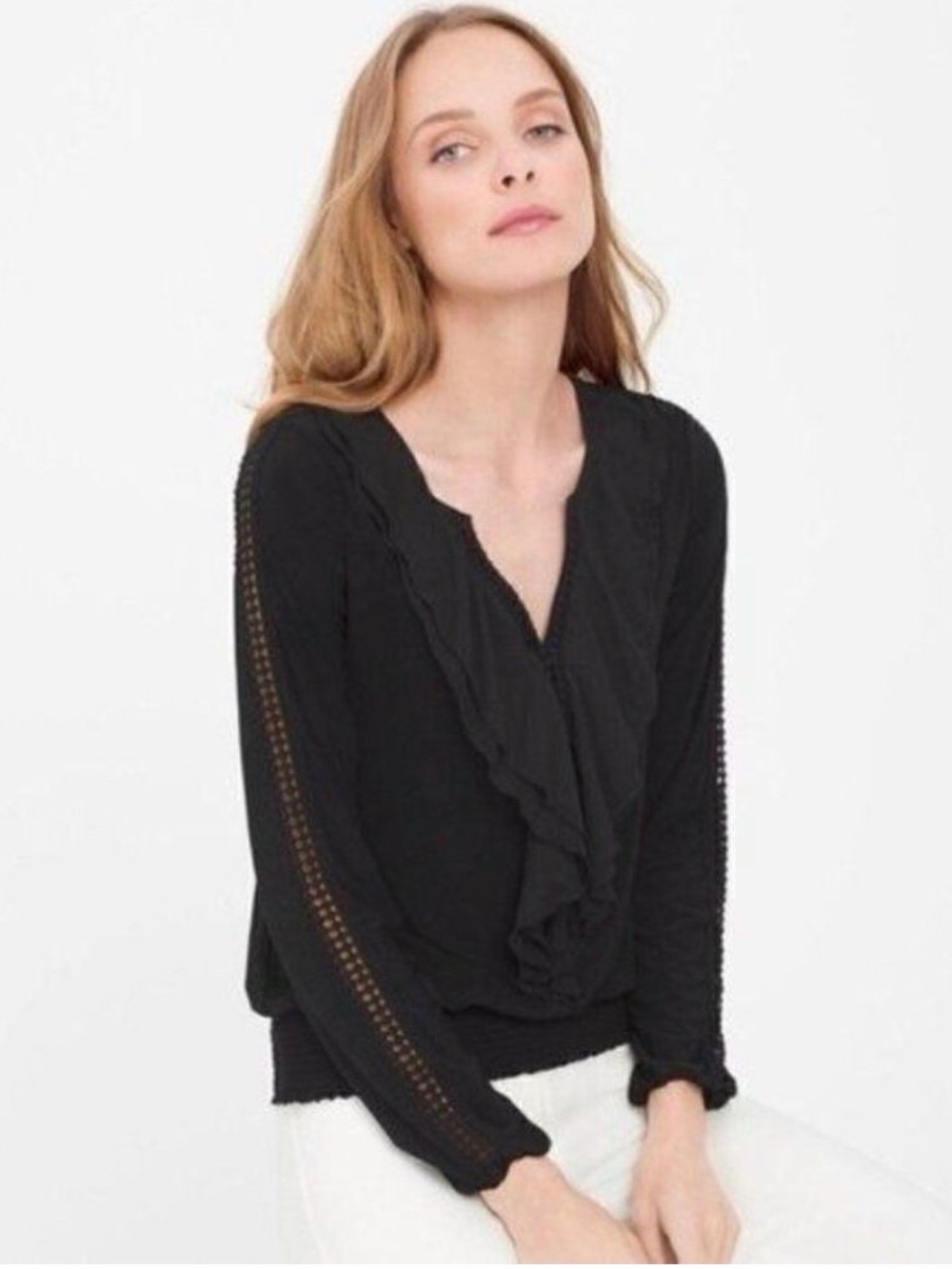 WHITE HOUSE BLACK MARKET Cascading Ruffle Long Sleeve Shirt Crochet Lace Trim S